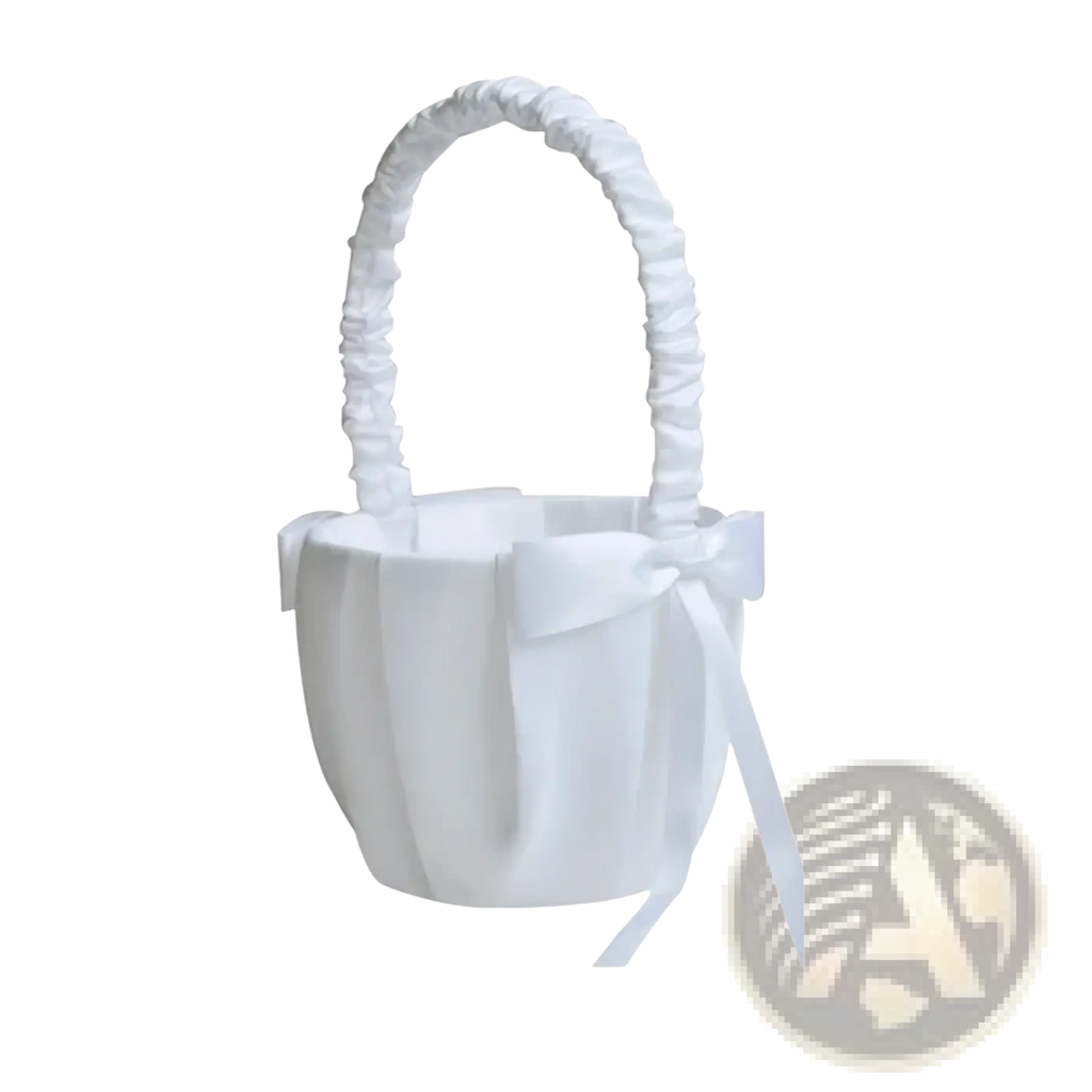 White satin flower girl basket with ruffled handle and decorative pearl bow for wedding or special occasions