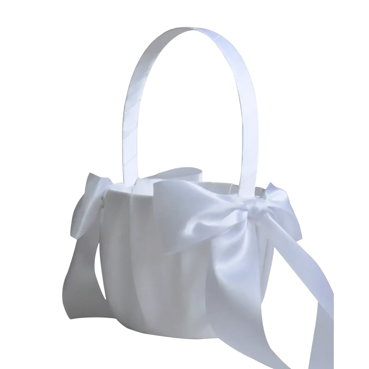 White satin flower girl basket with pearl bow, curved handle, and decorative bows for weddings and events