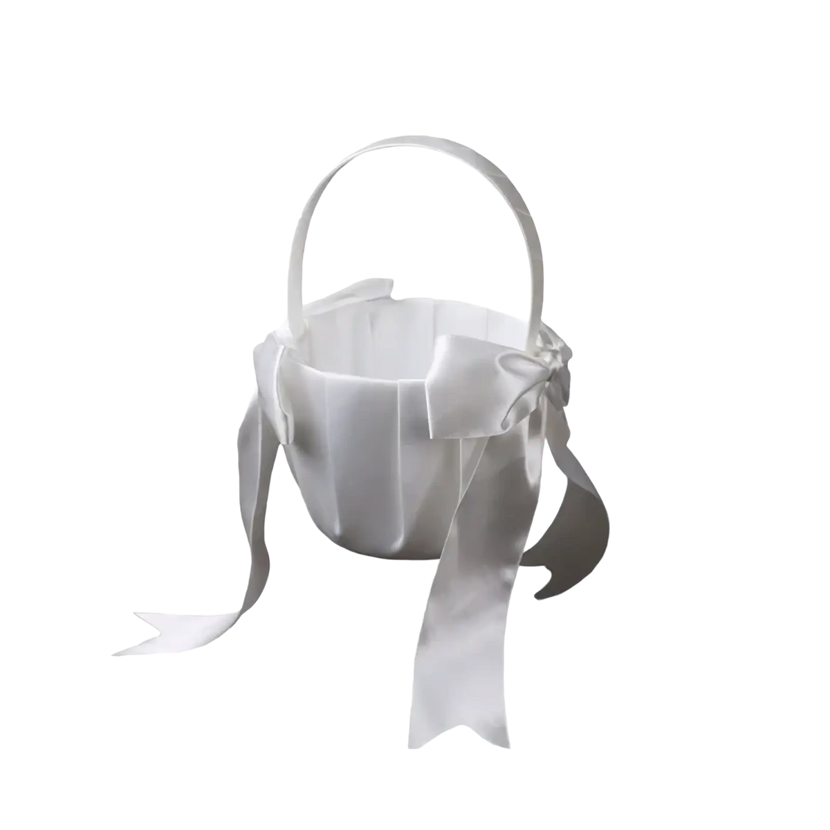 White satin flower girl basket with pearl bow handle and decorative bow for wedding or special occasion use