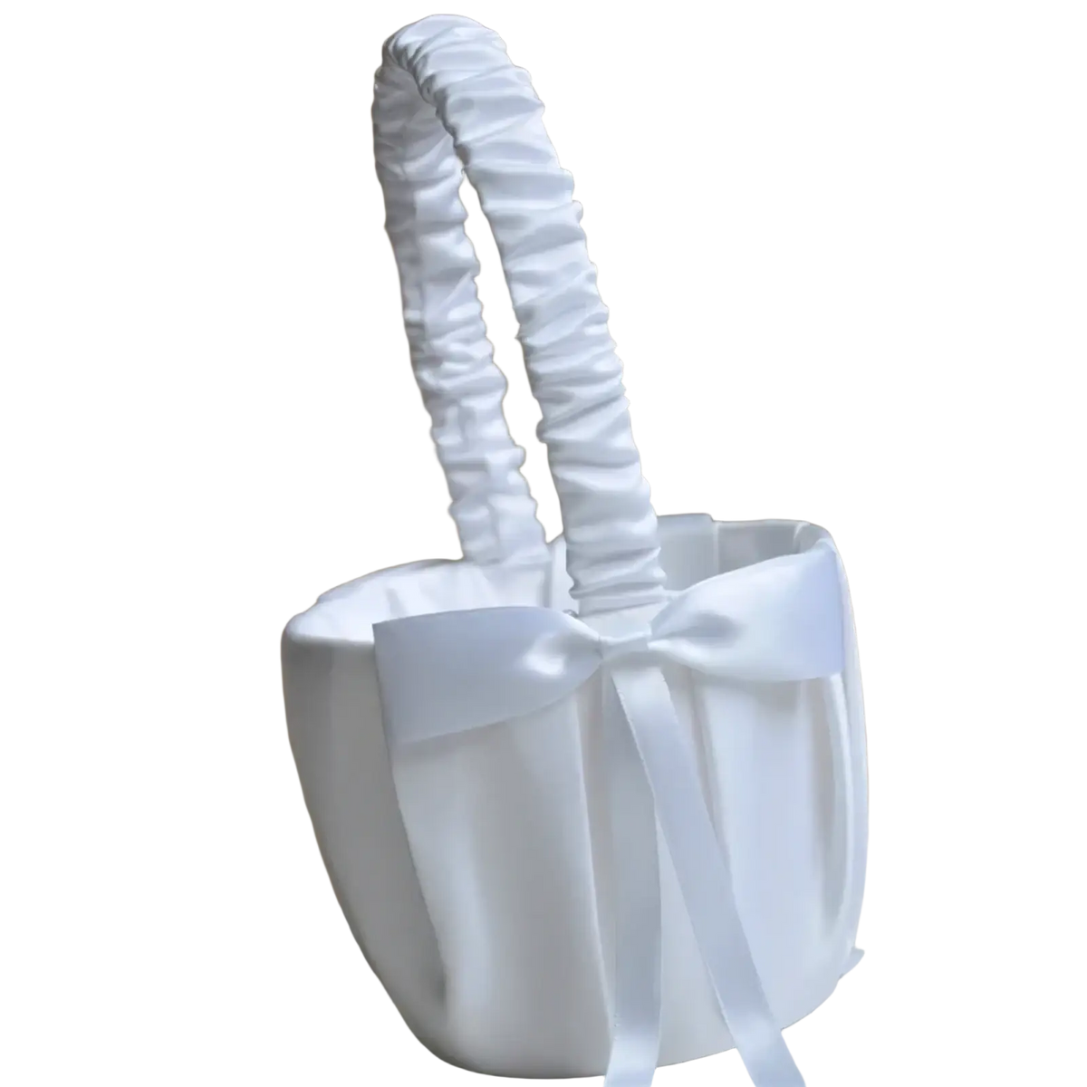White satin flower girl basket with ruched handle and pearl bow decorative detail for weddings and events