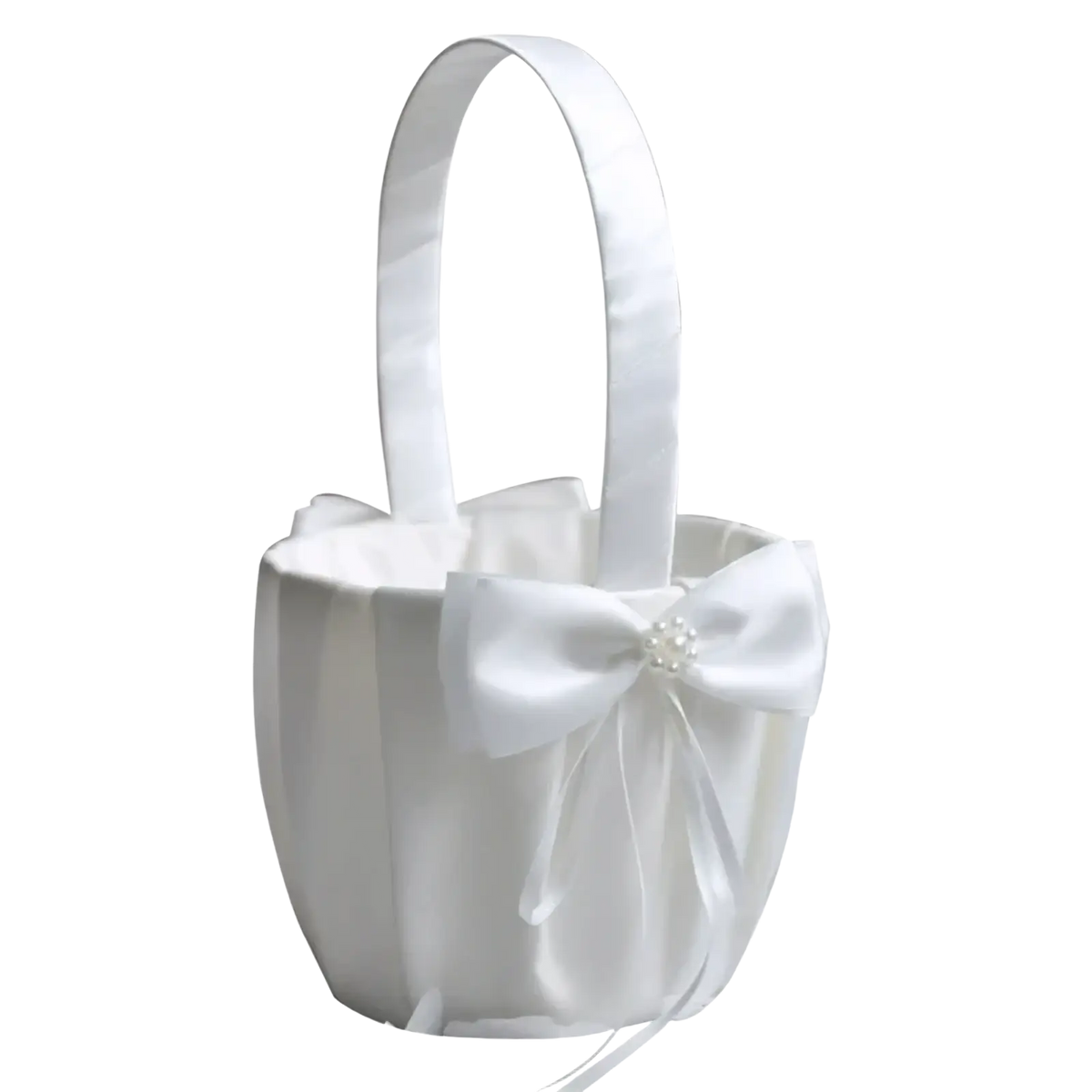 White satin flower girl basket featuring a pearl-adorned bow designed for wedding ceremonies