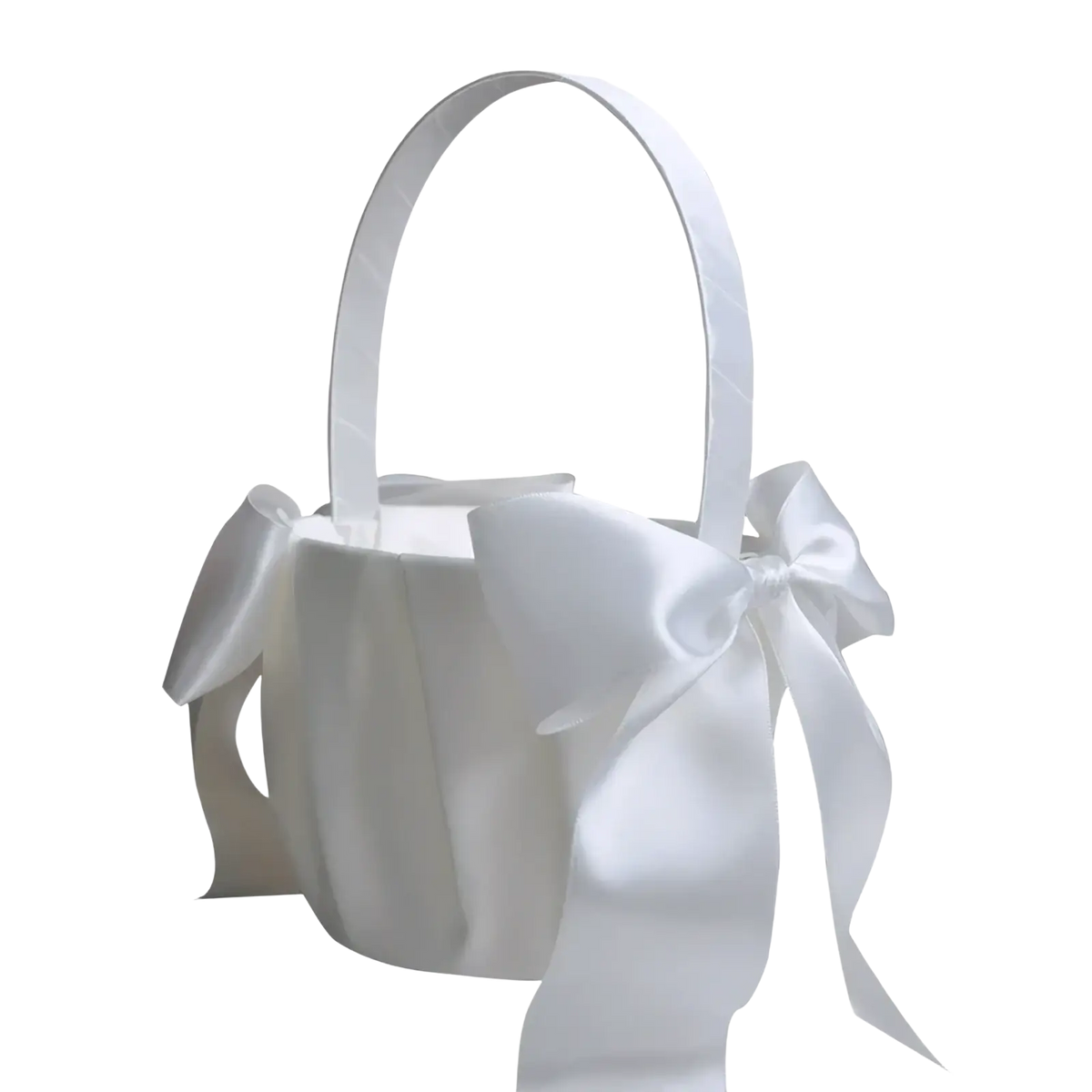 White satin flower girl basket with pearl bow handle and large bow detail for wedding ceremonies and events