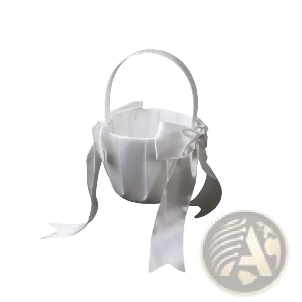 White satin flower girl basket with pearl bow handle and decorative bow for wedding or special occasion use