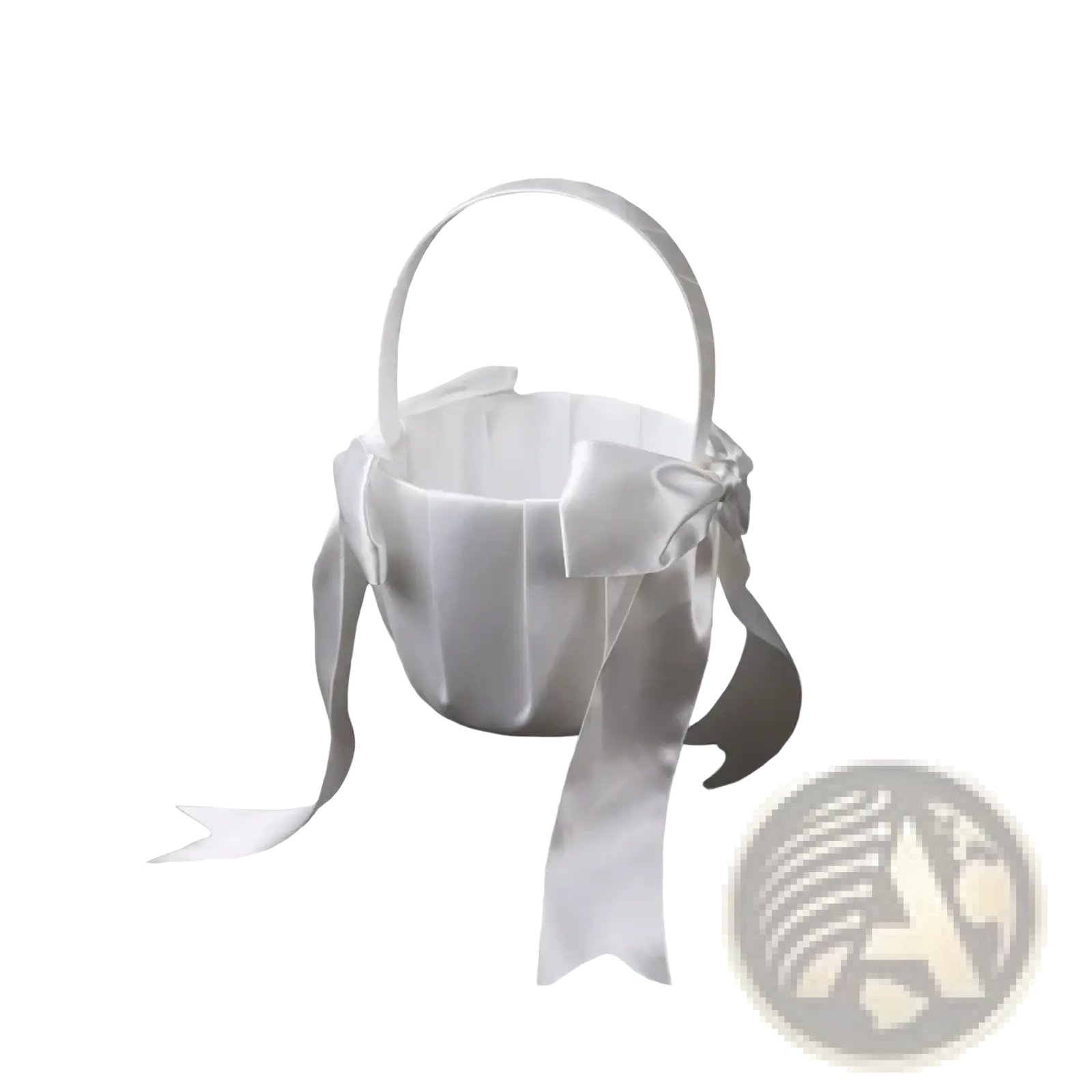 White satin flower girl basket with pearl bow handle and decorative bow for wedding or special occasion use
