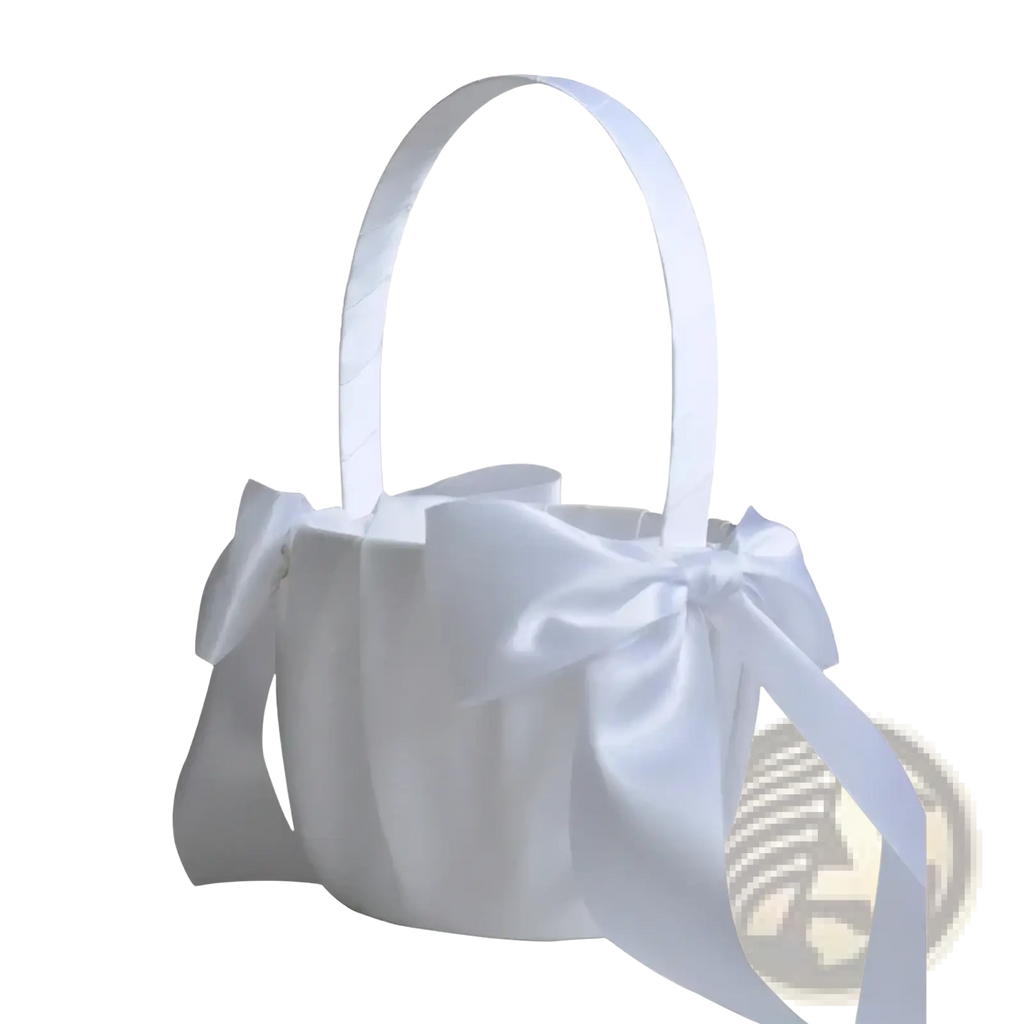 White satin flower girl basket with pearl bow, curved handle, and decorative bows for weddings and events