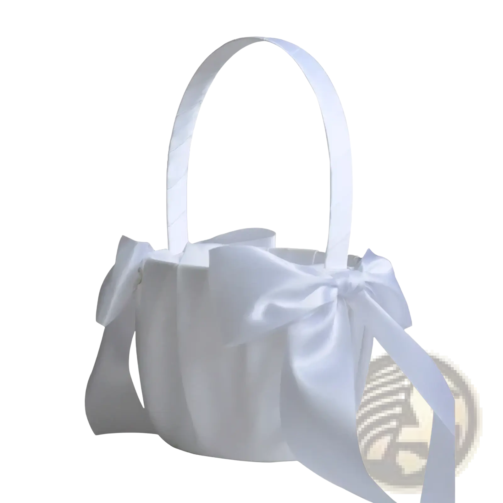White satin flower girl basket with pearl bow, curved handle, and decorative bows for weddings and events