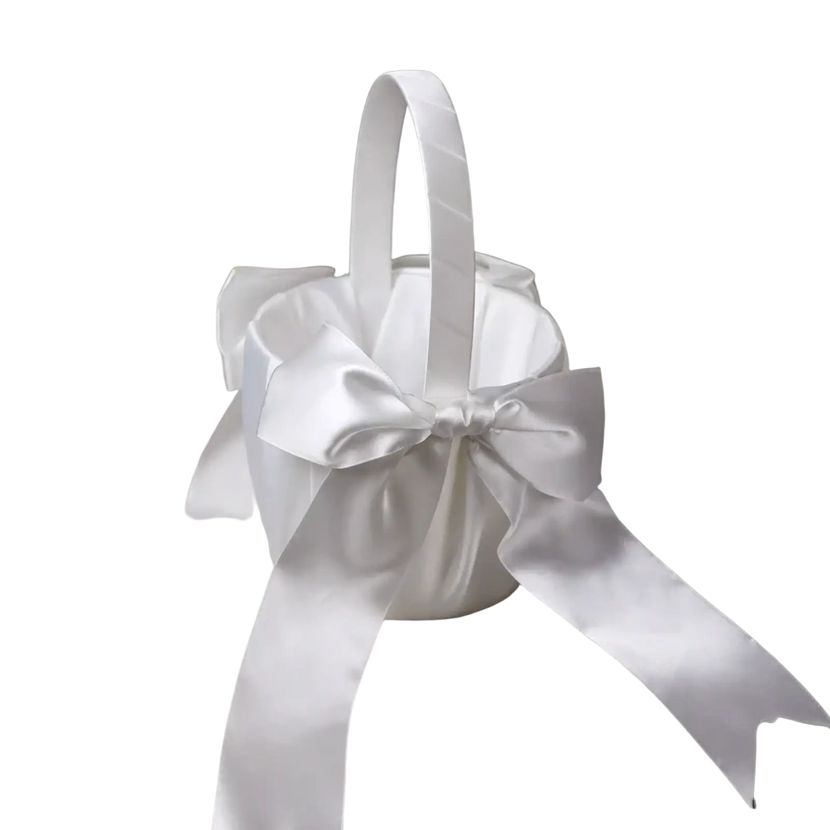 White satin flower girl basket with pearl bow features a delicate white fabric flower and matching handle