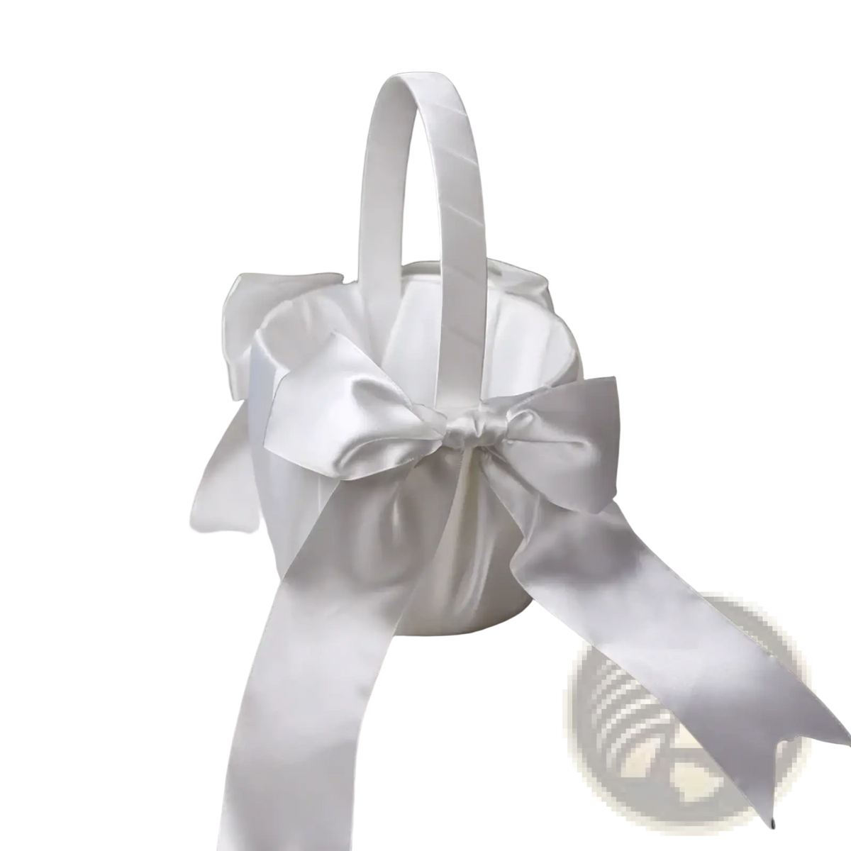 White satin flower girl basket with pearl bow features a delicate white fabric flower and matching handle