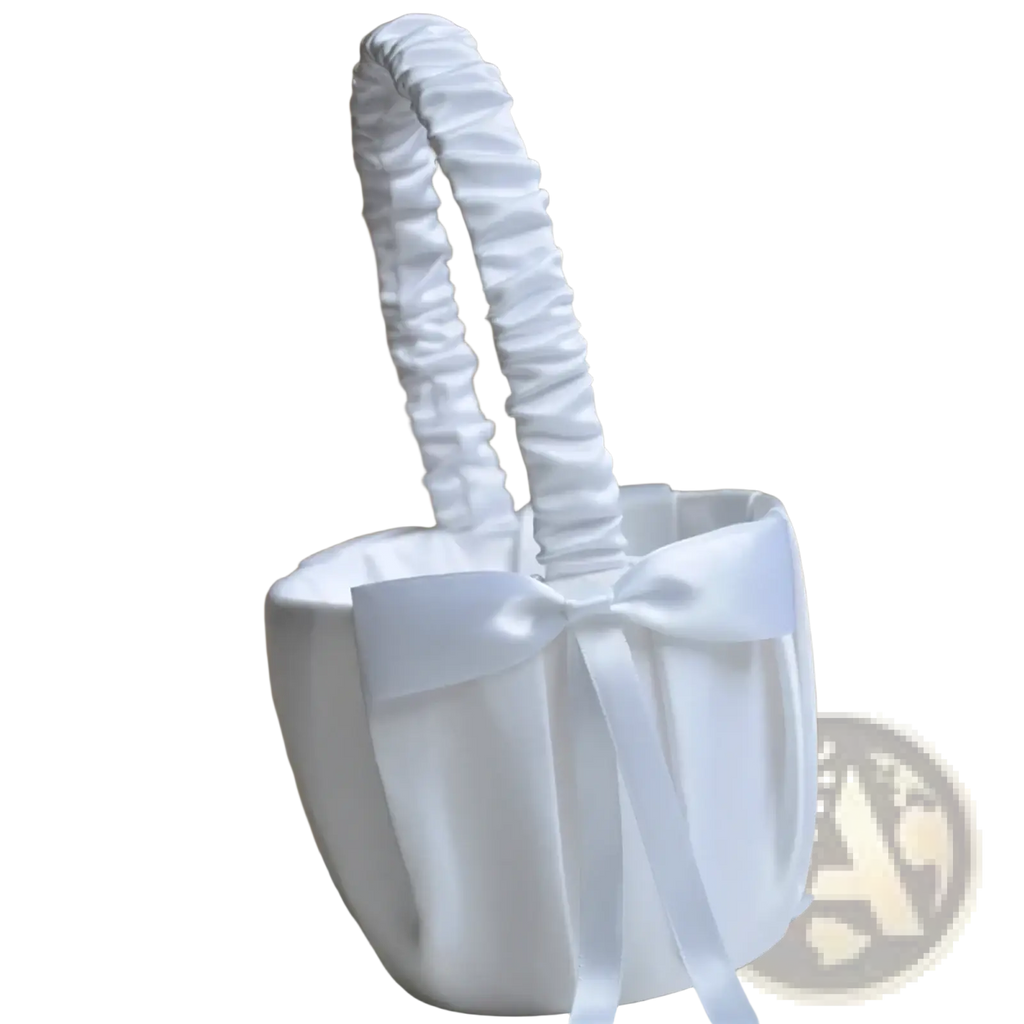 White satin flower girl basket with ruched handle and pearl bow decorative detail for weddings and events