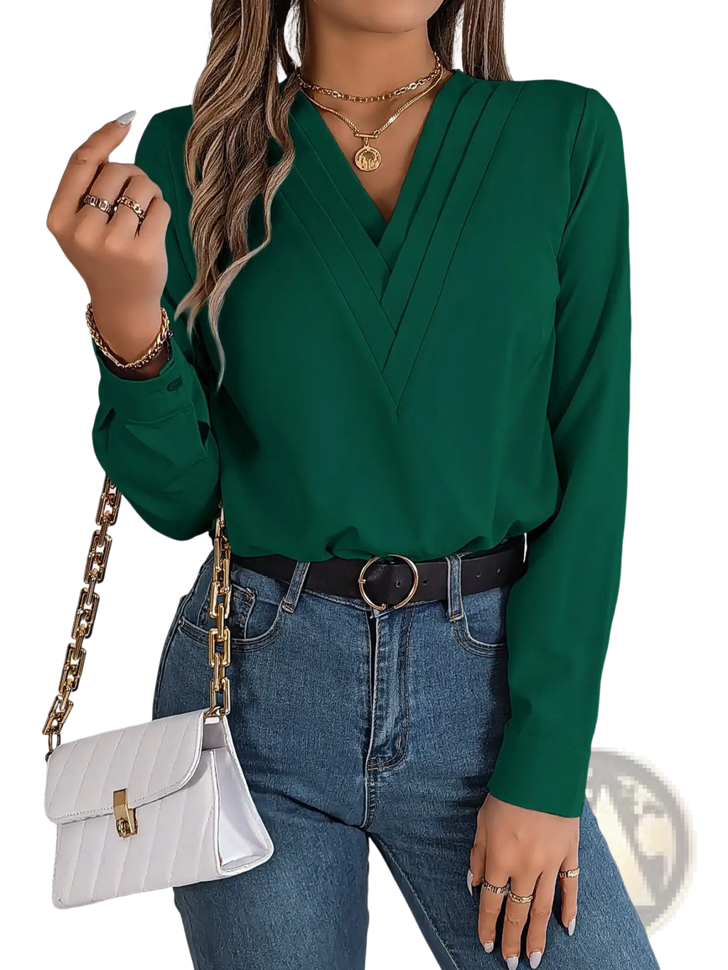 Emerald green long-sleeved blouse with v-neck and pleated front styled as white satin v neck wrap blouse with black trim