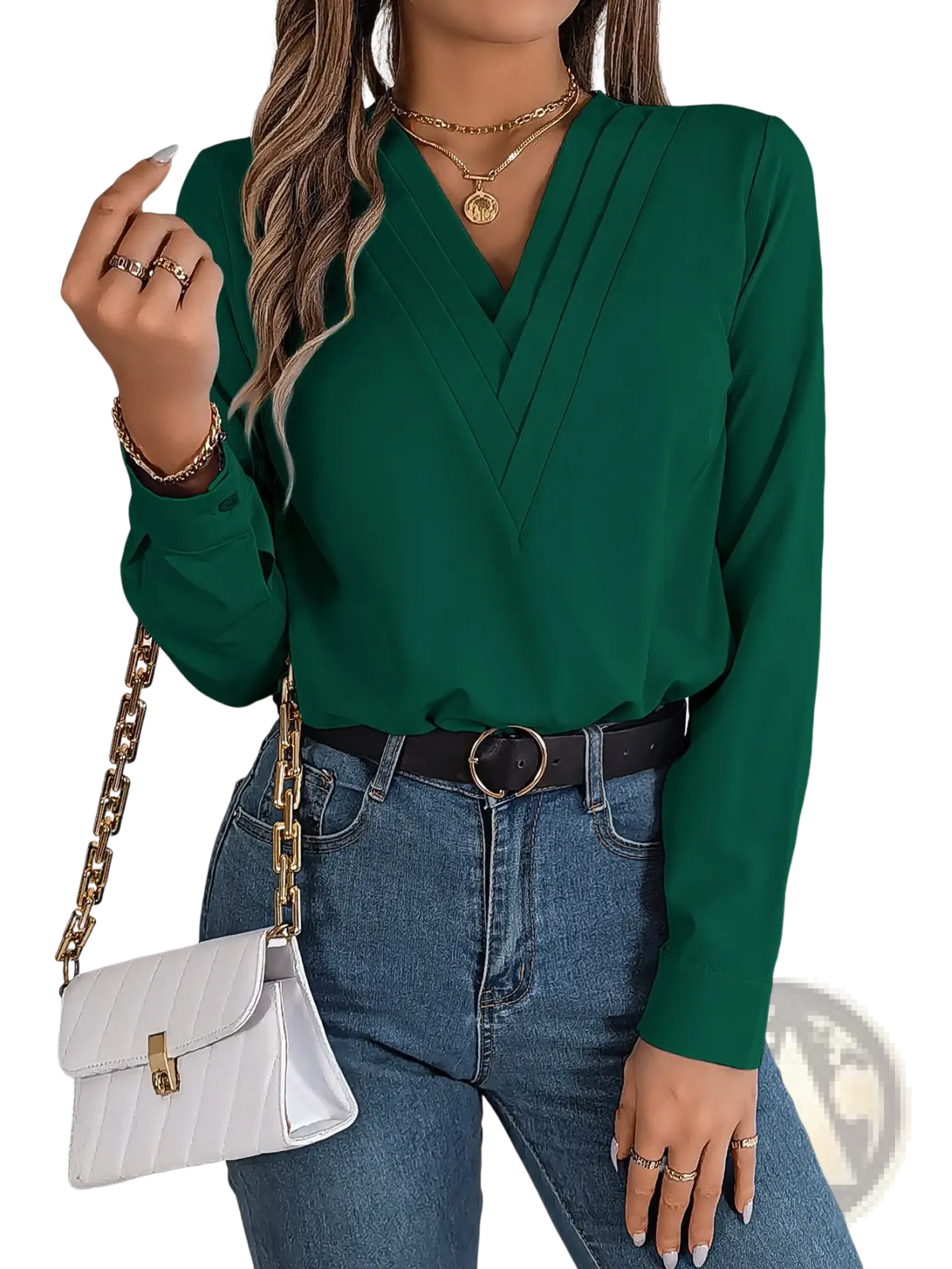 Emerald green long-sleeved blouse with v-neck and pleated front styled as white satin v neck wrap blouse with black trim