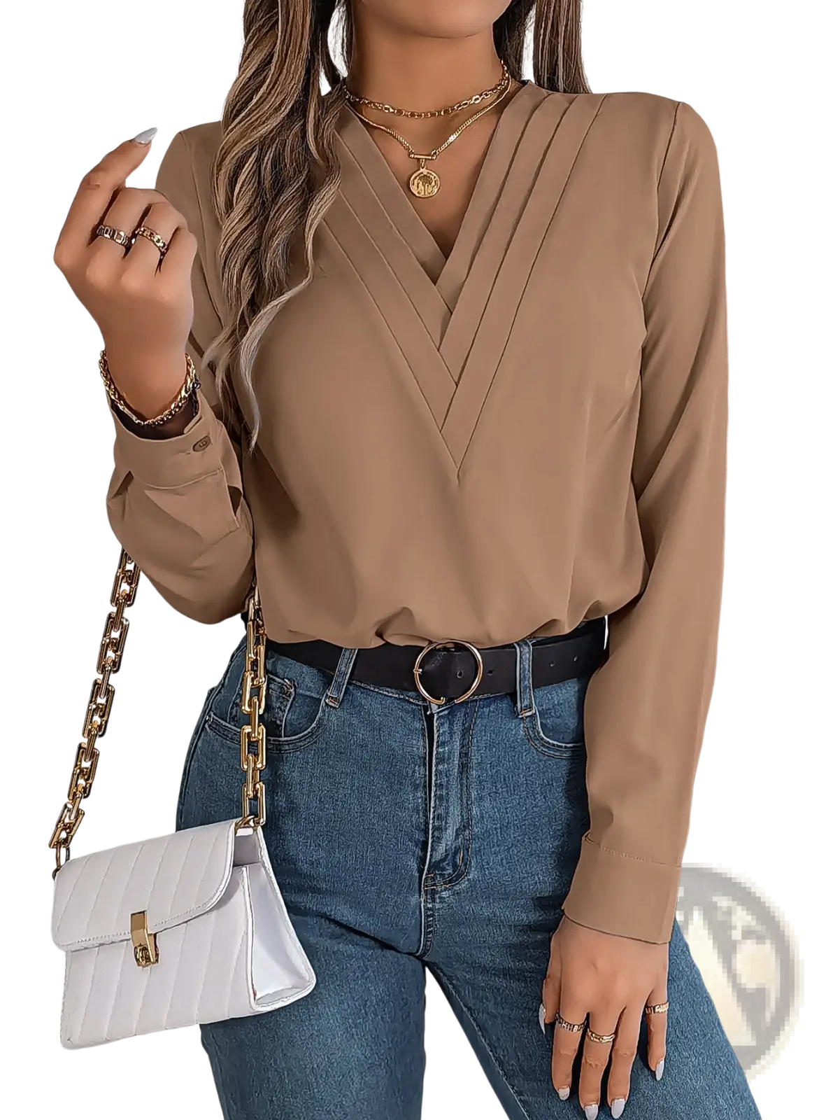 White satin v neck wrap blouse with black trim featuring long sleeves and pleated front detail in tan color