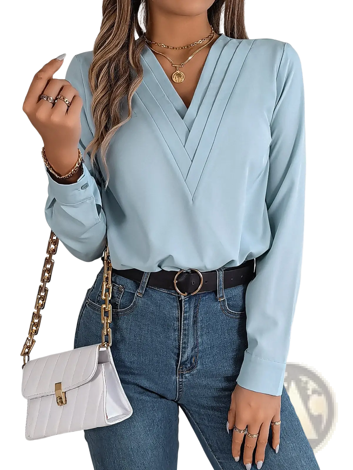 Light blue satin blouse with v-neck and pleated front detail in white satin v neck wrap blouse with black trim style