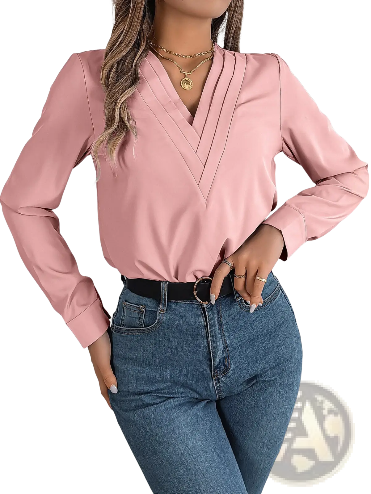 A soft pink satin long sleeved v neck blouse with pleated detailing described as white satin v neck wrap blouse with black trim