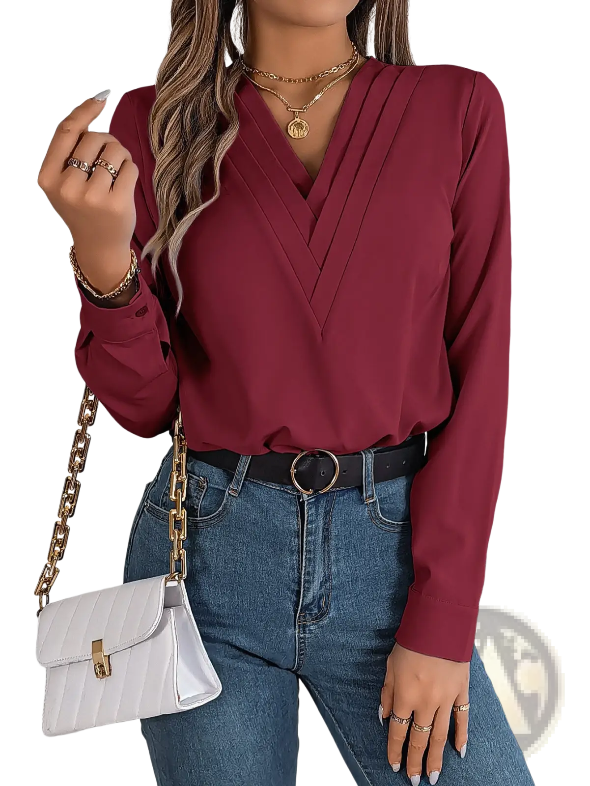 A maroon long-sleeved v neck blouse with pleated front detail styled as a white satin v neck wrap blouse with black trim