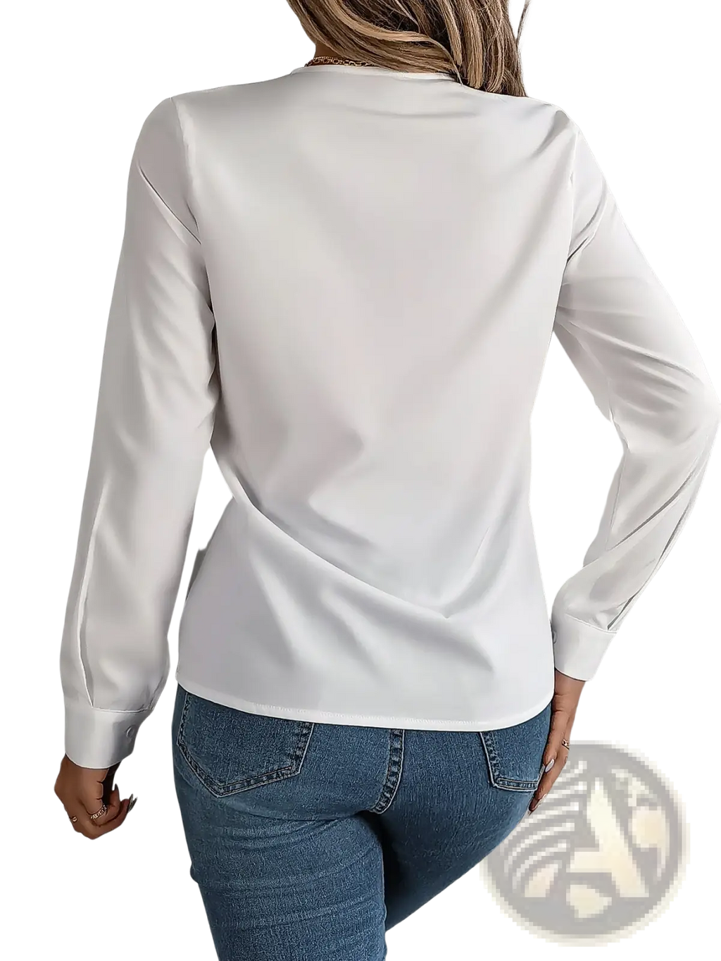 White satin v neck wrap blouse with black trim featuring long sleeves and a soft flowing drape with subtle sheen