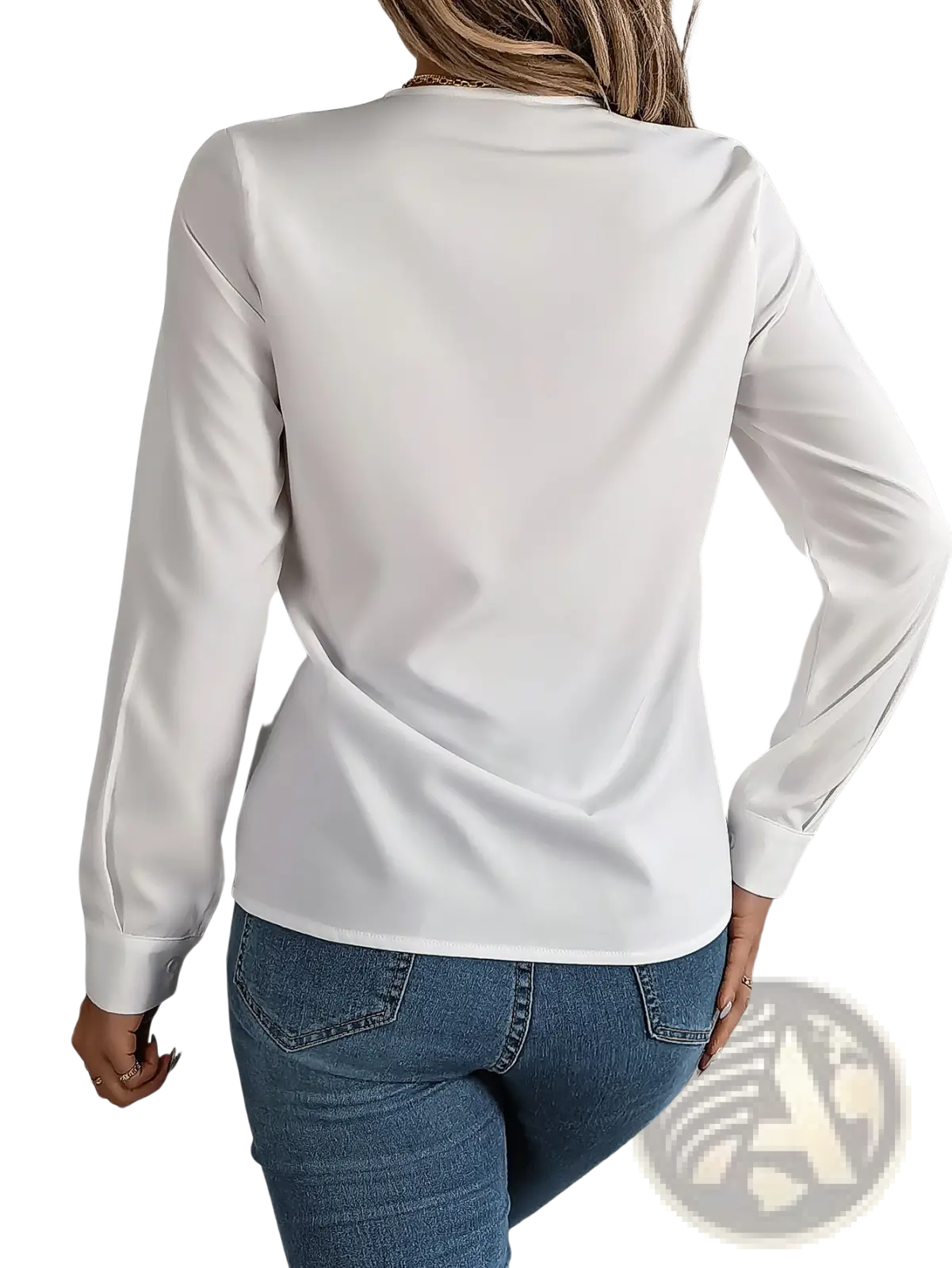 White satin v neck wrap blouse with black trim featuring long sleeves and a soft flowing drape with subtle sheen