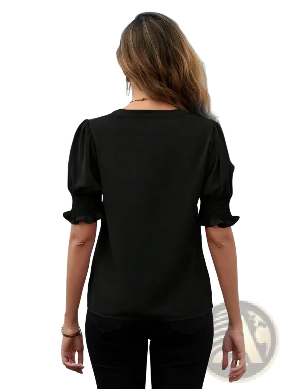 Black blouse with puffed sleeves and ruffled cuffs offering a stylish alternative to white short puff sleeve blouse designs