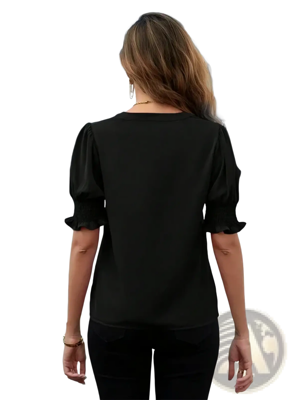 Black blouse with puffed sleeves and ruffled cuffs offering a stylish alternative to white short puff sleeve blouse designs