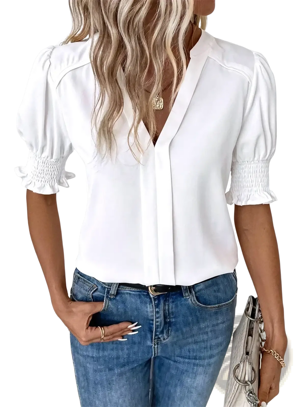 White short puff sleeve blouse with smocked cuffs and puffed sleeves made of lightweight fabric
