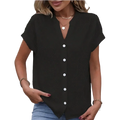 Black short-sleeved blouse with v-neck and white buttons featuring short sleeve length and button-up sleeve style