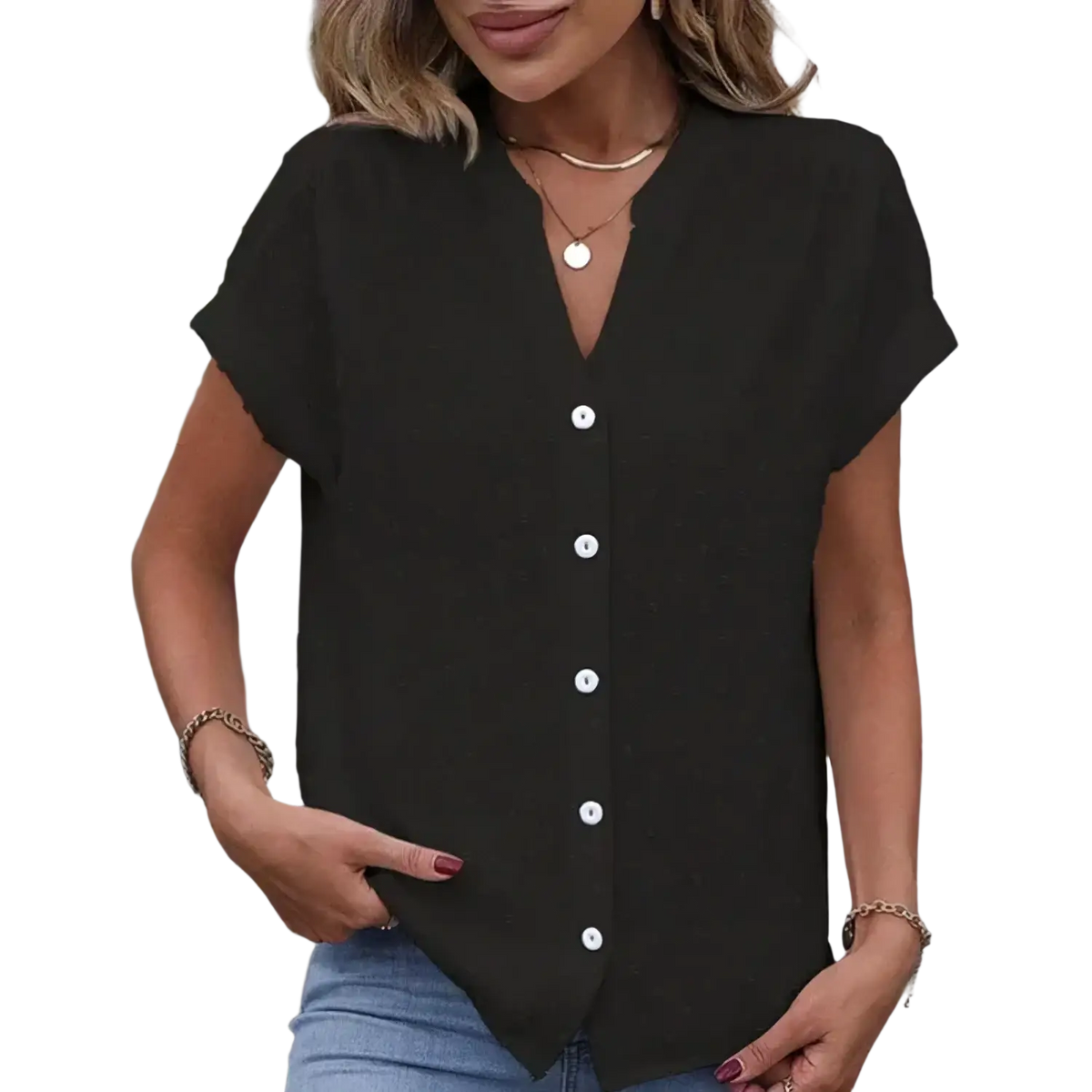 Black short-sleeved blouse with white buttons and v-neckline featuring a classic sleeve length and style