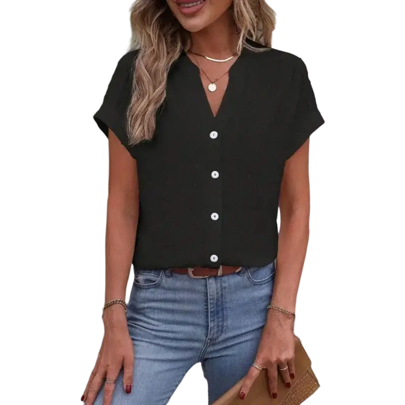Black short-sleeved button-up blouse with white buttons and v-neckline featuring short sleeve length and sleeve style