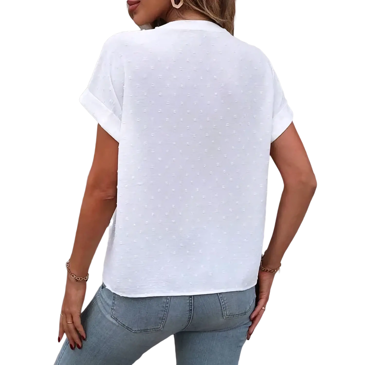 White short sleeve v-neck blouse with subtle textured pattern and short sleeve length featuring a classic sleeve style