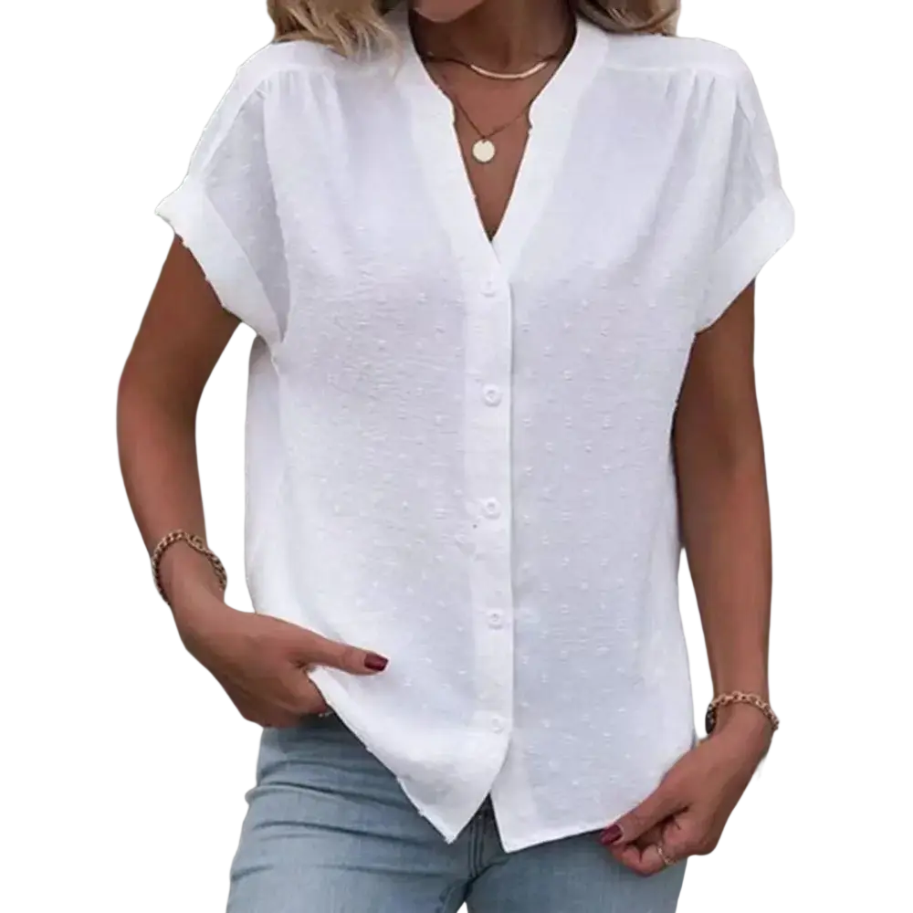 White short sleeve v-neck blouse with subtle textured pattern featuring short sleeve length and button-up style