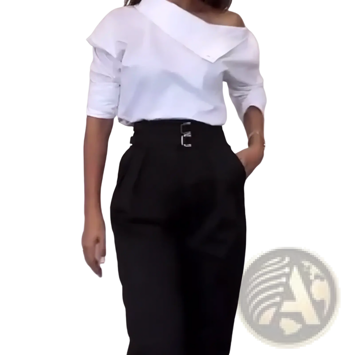 Black high-waisted trousers with a silver buckle paired with a white off shoulder stand collar blouse