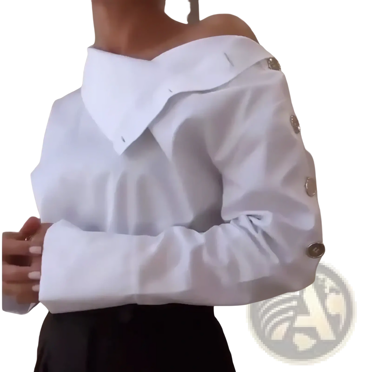 White off shoulder stand collar blouse featuring gold toned buttons down the sleeve in a soft fabric