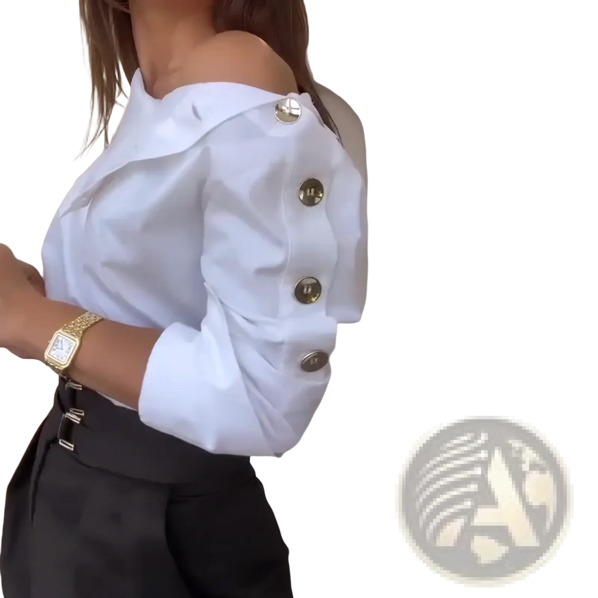 White off shoulder stand collar blouse featuring gold toned buttons down the sleeve in lightweight fabric