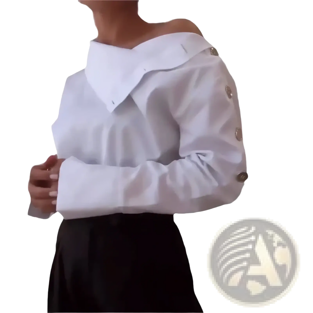 White off shoulder stand collar blouse with gold toned buttons down the sleeve in lightweight fabric