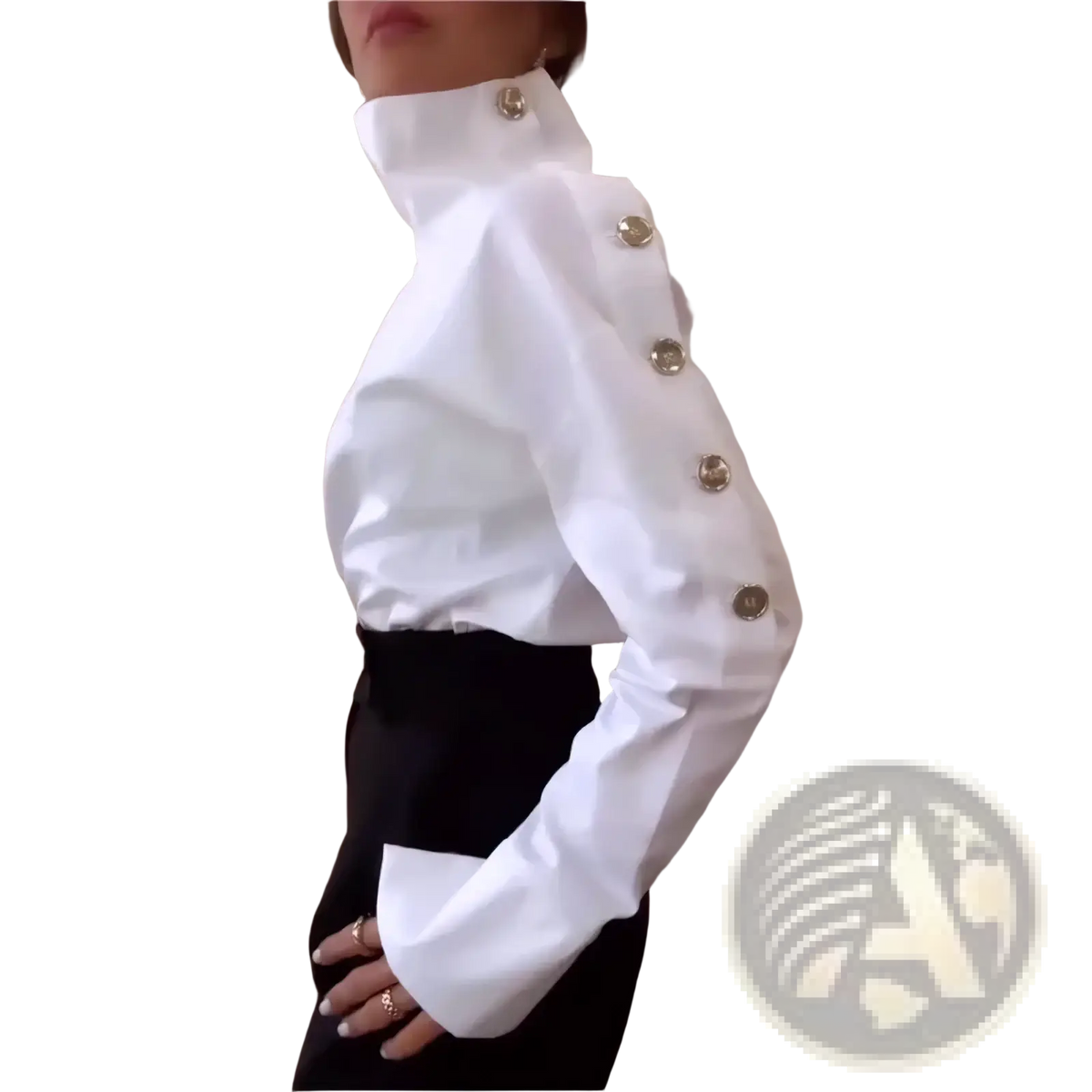 White off shoulder stand collar blouse with a high collar and gold toned buttons down the sleeve