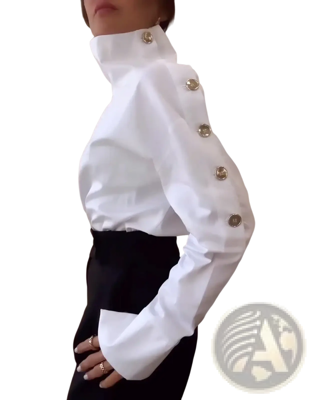 White off shoulder blouse with stand collar featuring gold toned buttons down the front and on the collar