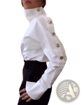 White off shoulder blouse with stand collar featuring gold toned buttons down the front and on the collar