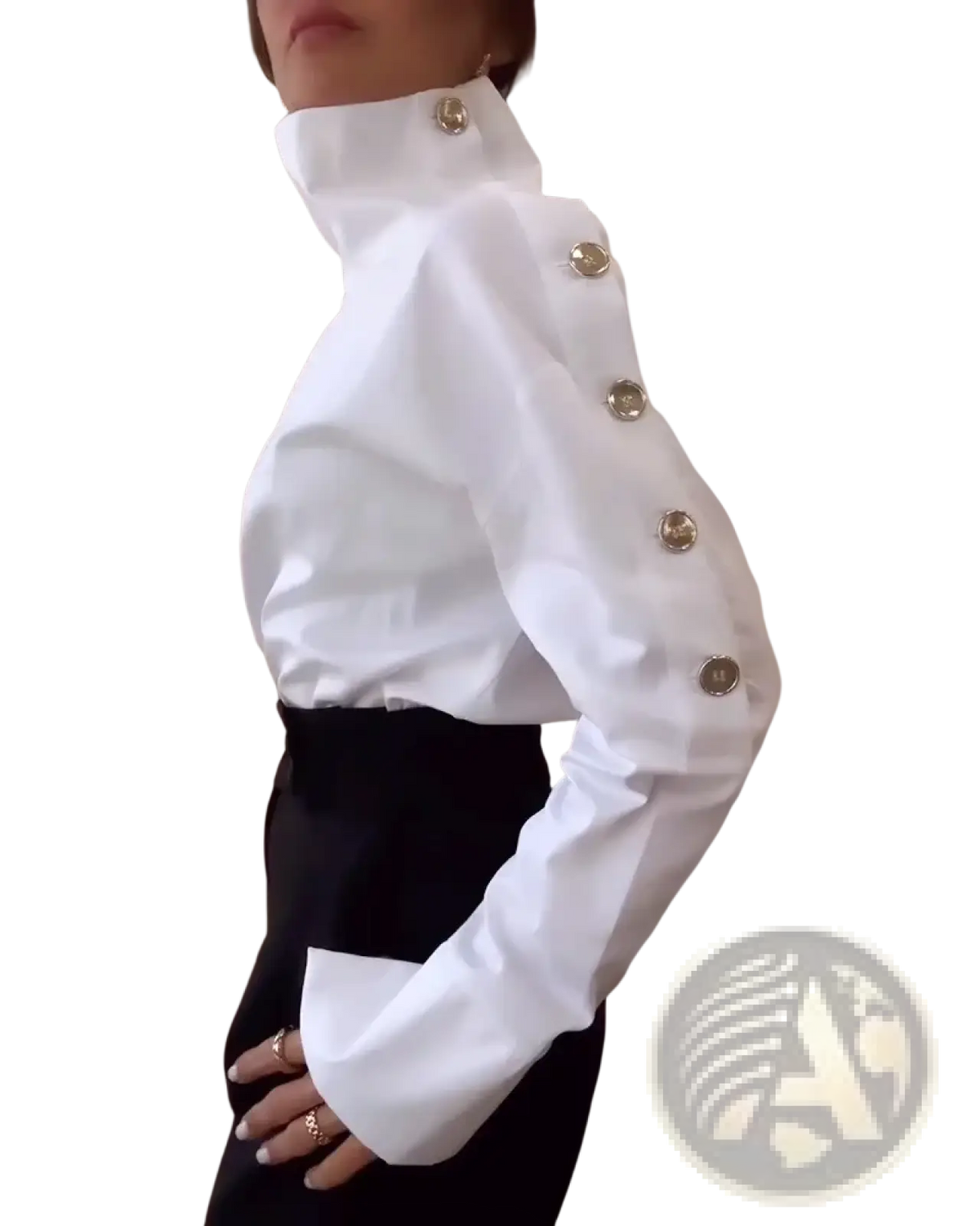 White off shoulder blouse with stand collar featuring gold toned buttons down the front and on the collar