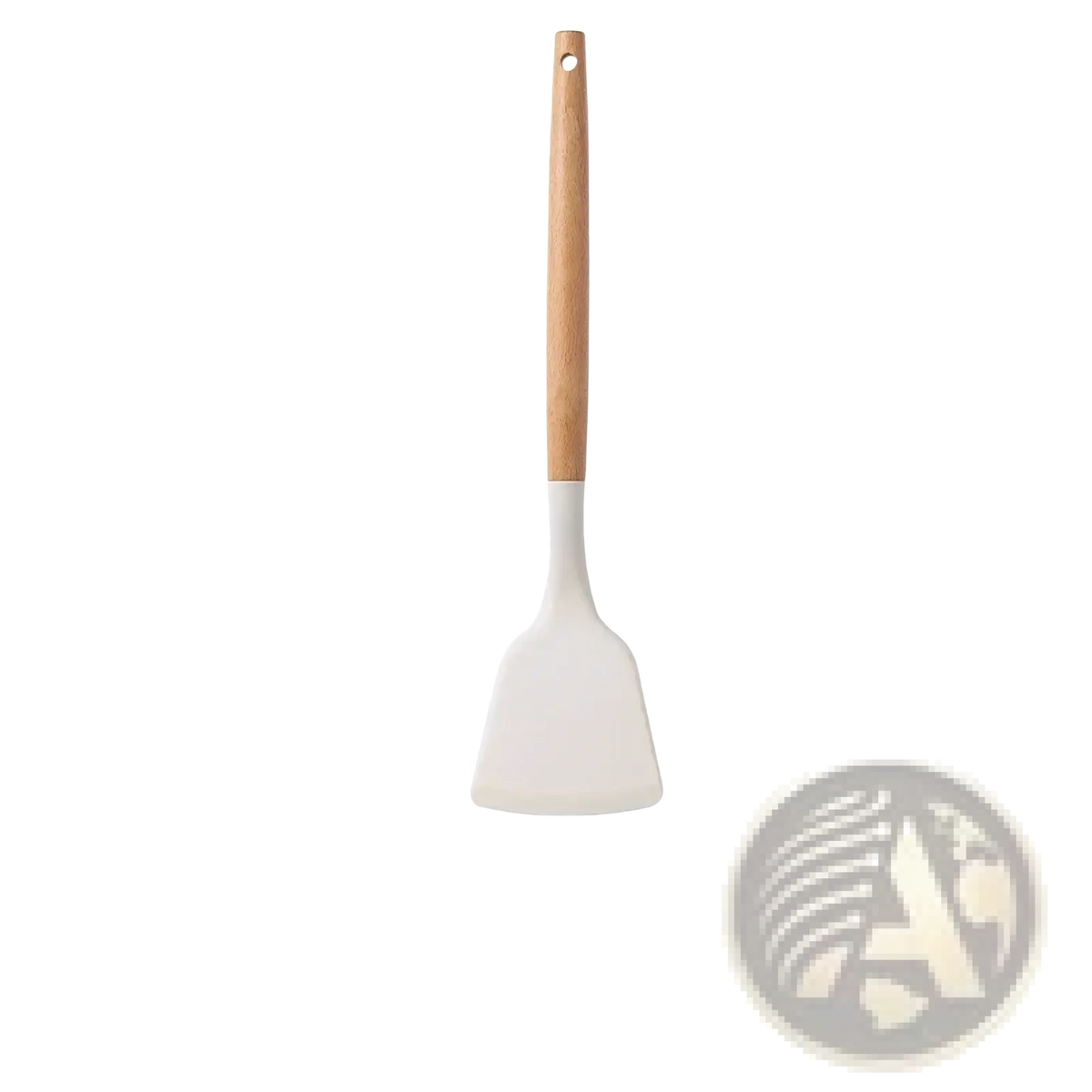 A 32cm spatula with a light wood handle and white silicone head from the white silicone kitchen utensils set