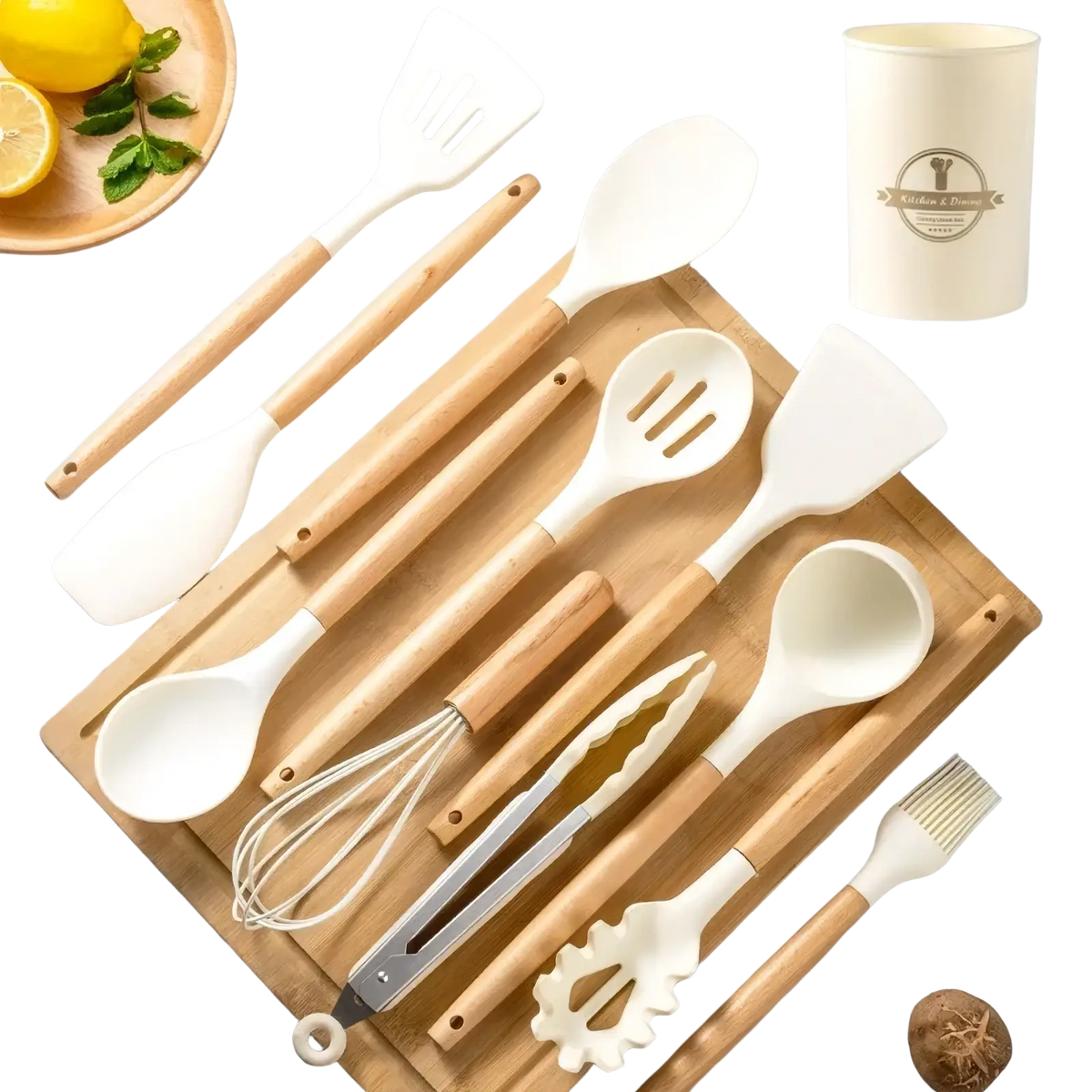 Set of white silicone kitchen utensils with wooden handles arranged on bamboo cutting board for cooking