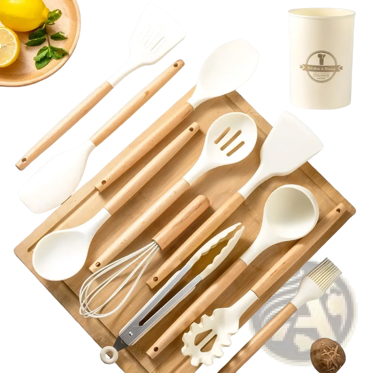 Set of white silicone kitchen utensils with wooden handles arranged on bamboo cutting board for cooking