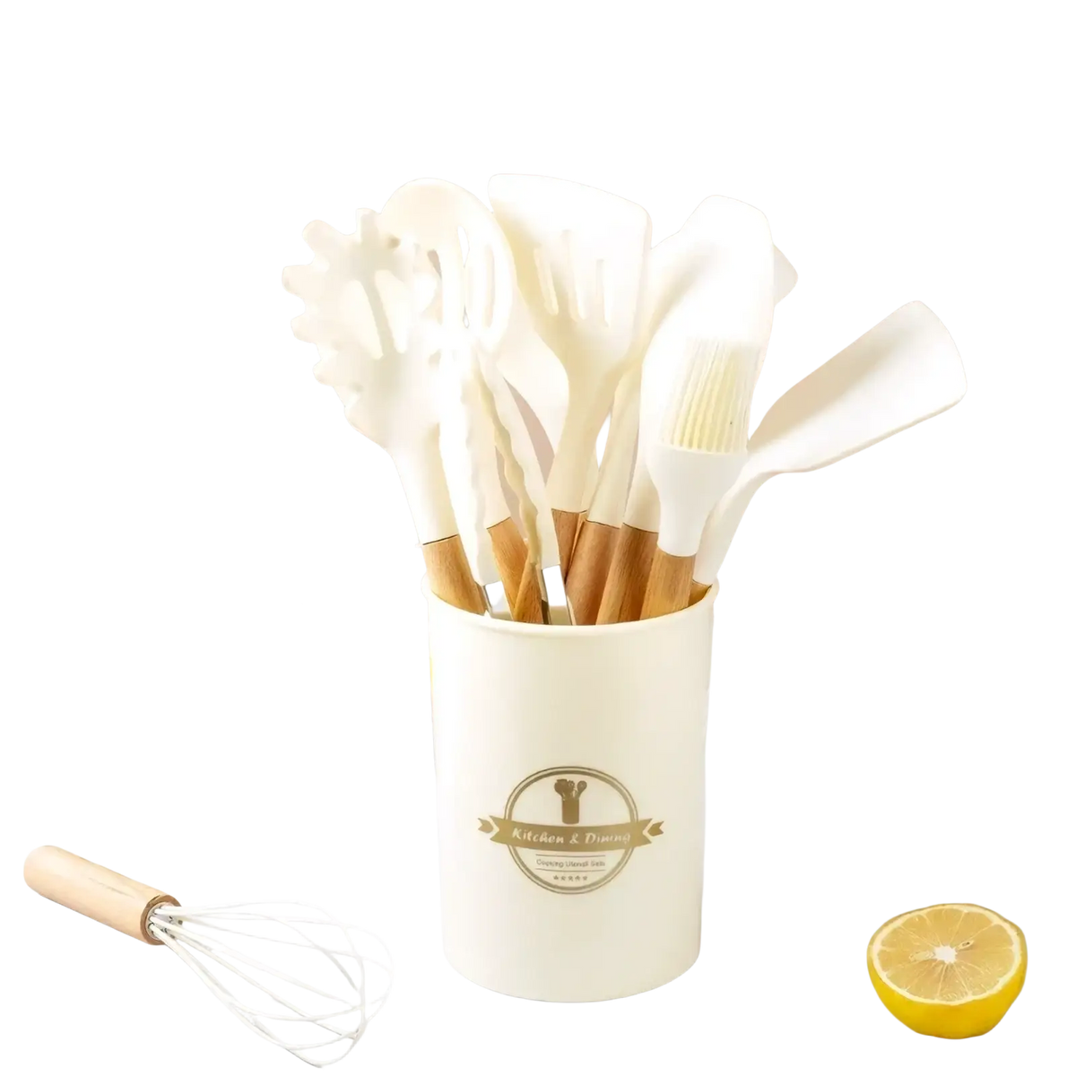 Cream white silicone kitchen utensils set with wooden handles neatly arranged in a matching cylindrical container