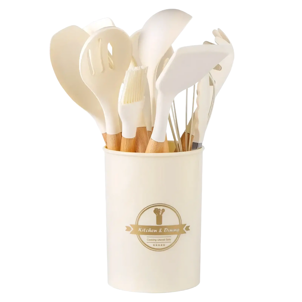 Cream-colored silicone kitchen utensils set with wooden handles neatly stored in matching cylindrical container