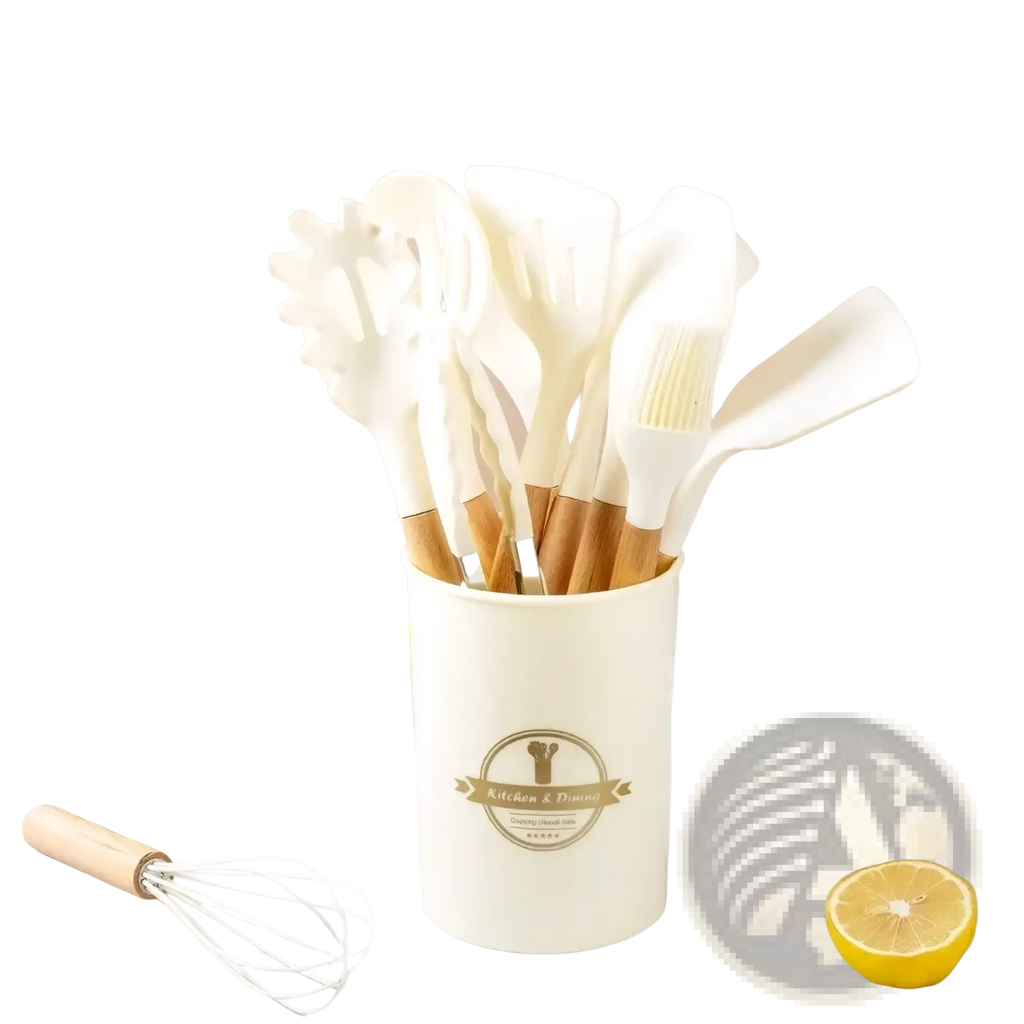 Cream white silicone kitchen utensils set with wooden handles neatly arranged in a matching cylindrical container