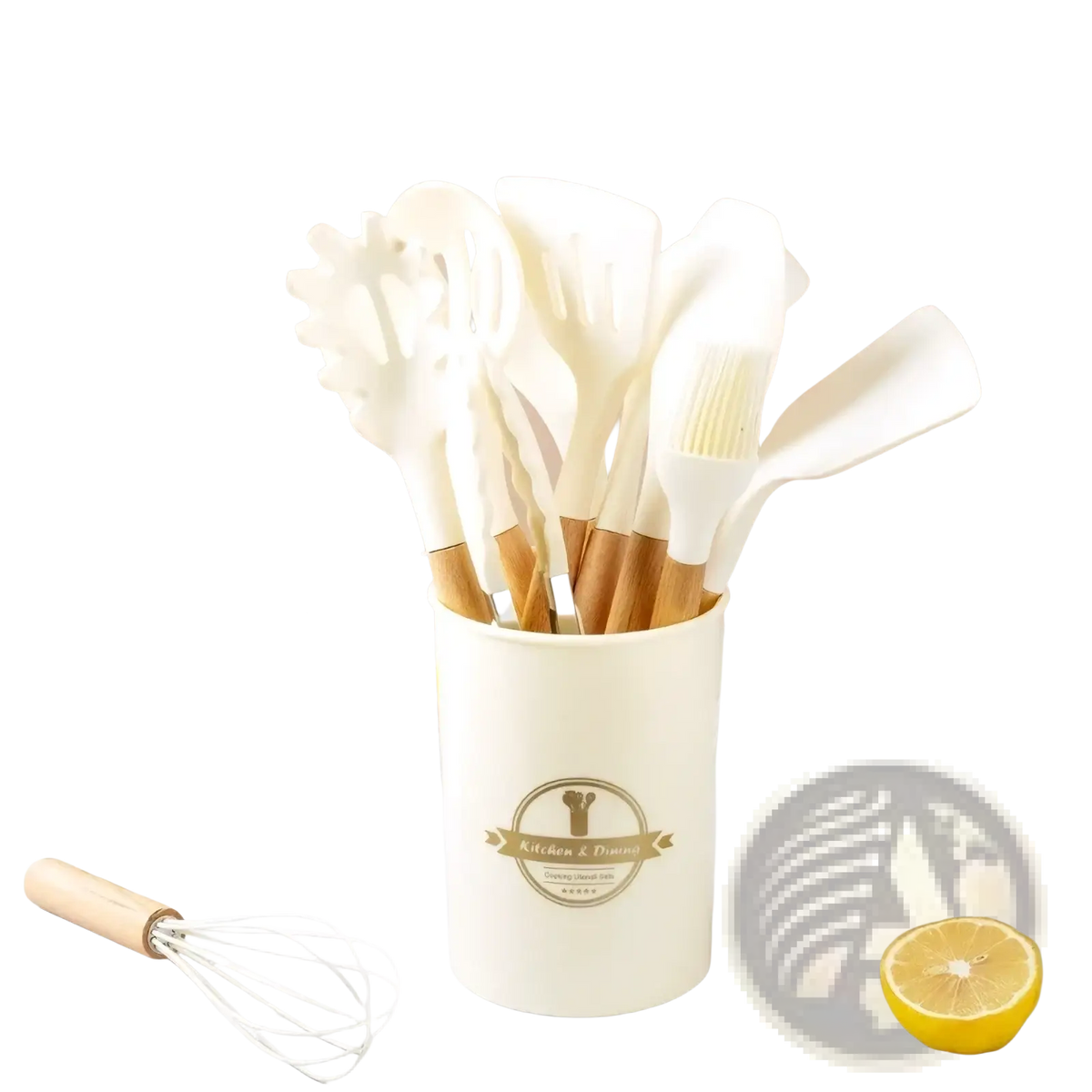 Cream white silicone kitchen utensils set with wooden handles neatly arranged in a matching cylindrical container