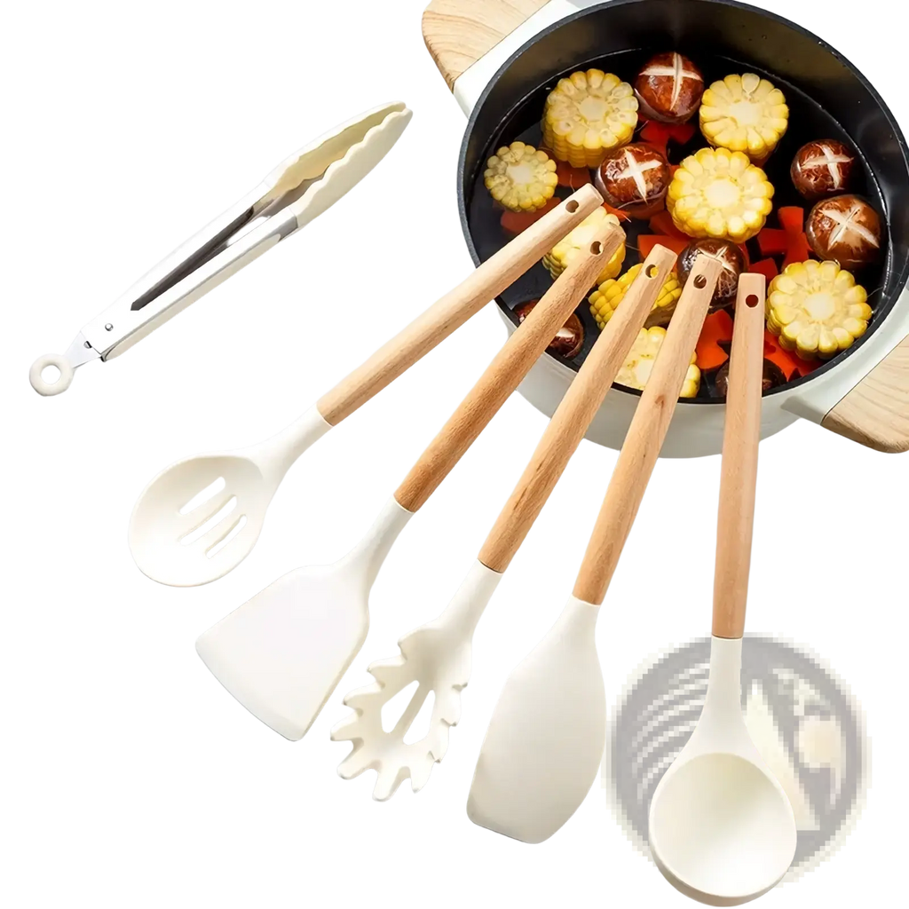 Set of five white silicone kitchen utensils with wooden handles including spoon spatula and slotted spoon