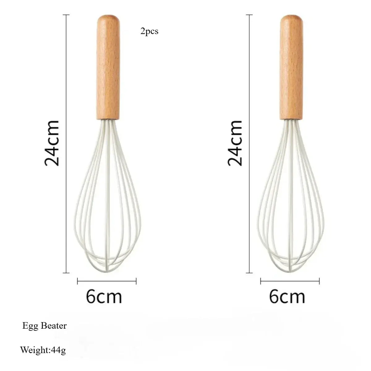 Pair of 24cm white silicone kitchen egg beaters with light wood handles and metal wires for cooking and baking tasks