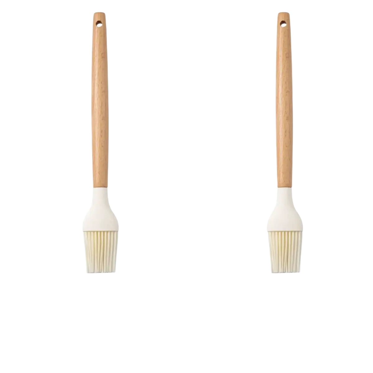 Pair of white silicone kitchen oil brushes with wooden handles and white bristles each 27.5cm long and 65g weight