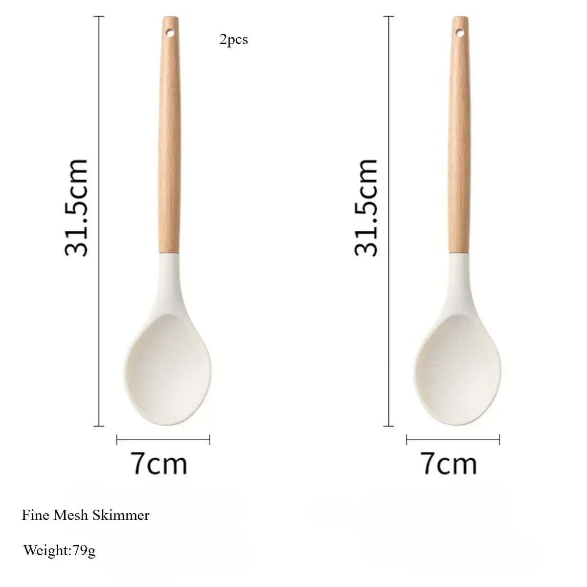 Pair of 31.5cm white silicone kitchen skimmers with fine mesh and light wood handles packaged as a set of two