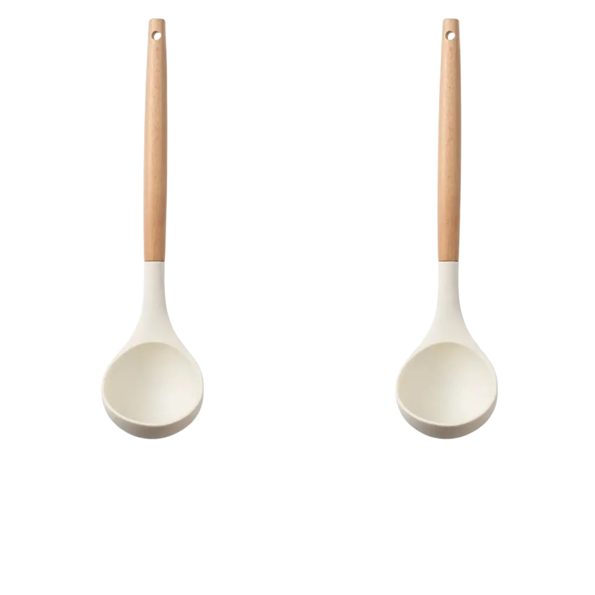 Pair of 31cm soup ladles with light wood handles and off-white silicone heads in white silicone kitchen utensils set