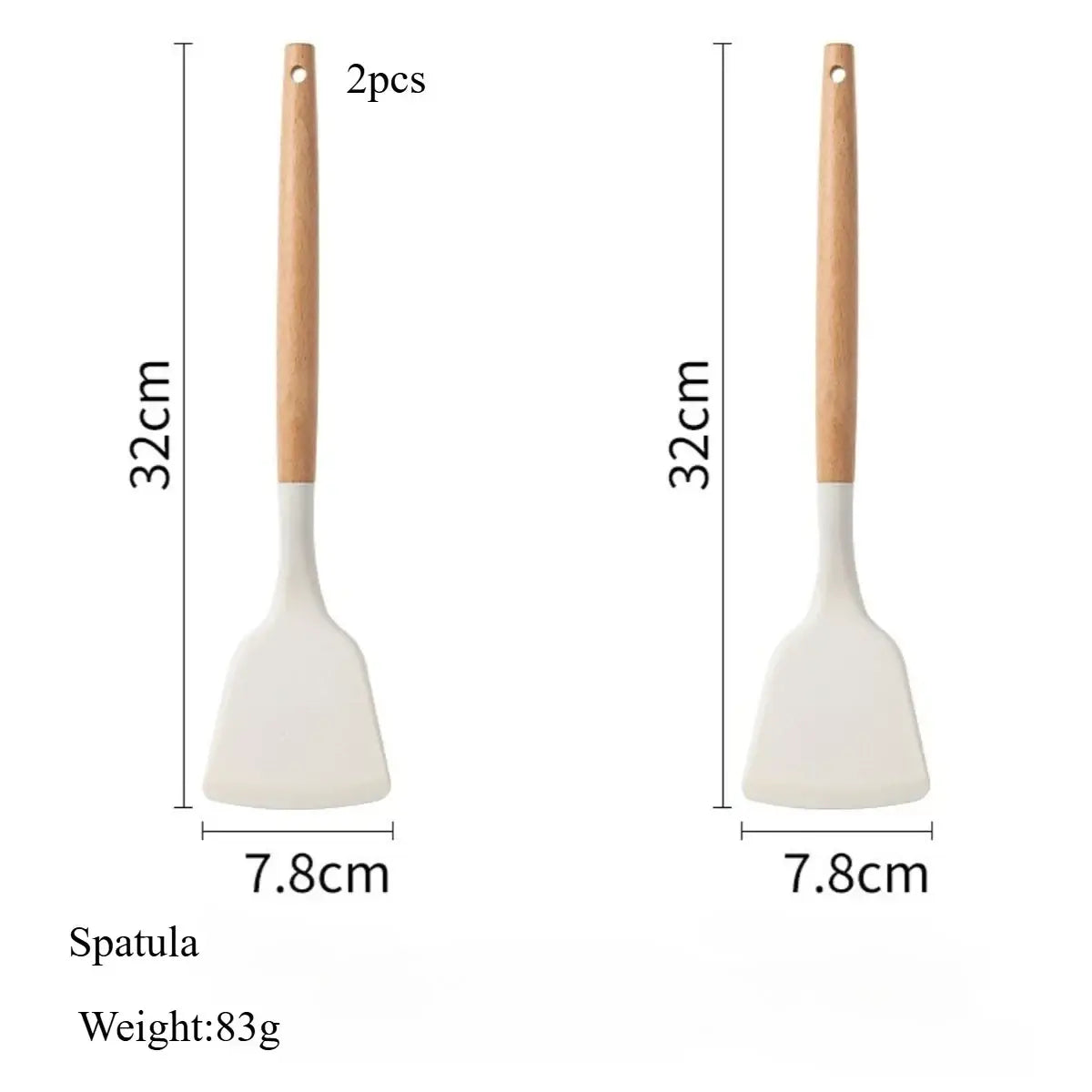 Pair of 32cm white silicone spatulas with light wood handles weighing 83g each from kitchen utensils set